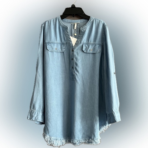 Hester & Orchard Tops - Hester & Orchard Women’s Shirt Tencel Button Slit Neck Blue Fringe Hem Small